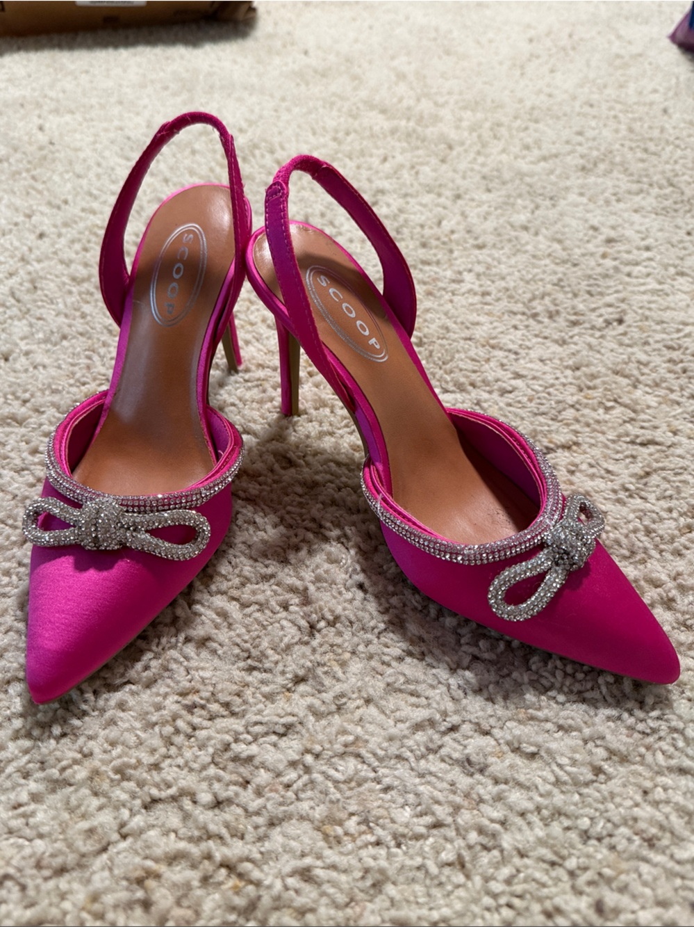 Women's Hot Pink Satin Pointed-Toe Slingback Heels with Crystal Bow